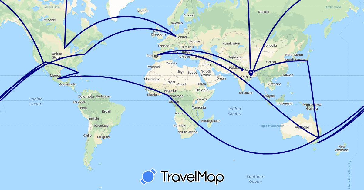 TravelMap itinerary: driving in Australia, Germany, Spain, India, Japan, Mexico, Nigeria, United States (Africa, Asia, Europe, North America, Oceania)